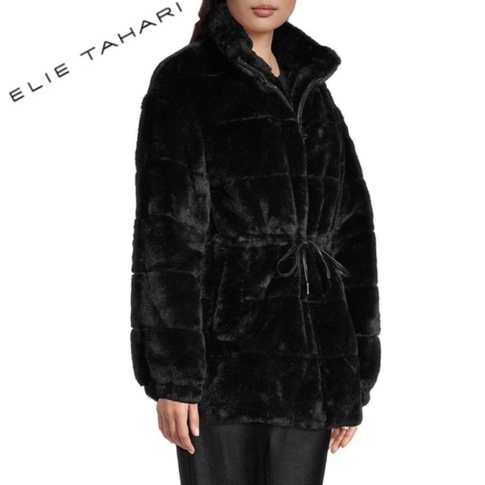 NWT ELIE TAHARI Faux Fur Coat Black Zipped Stand-Up‎ Collar Winter Casual Jacket